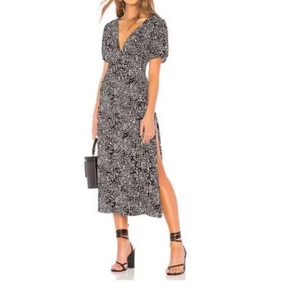 Free People Black White Abstract Printed Looking For Love Midi Dress  12 Boho